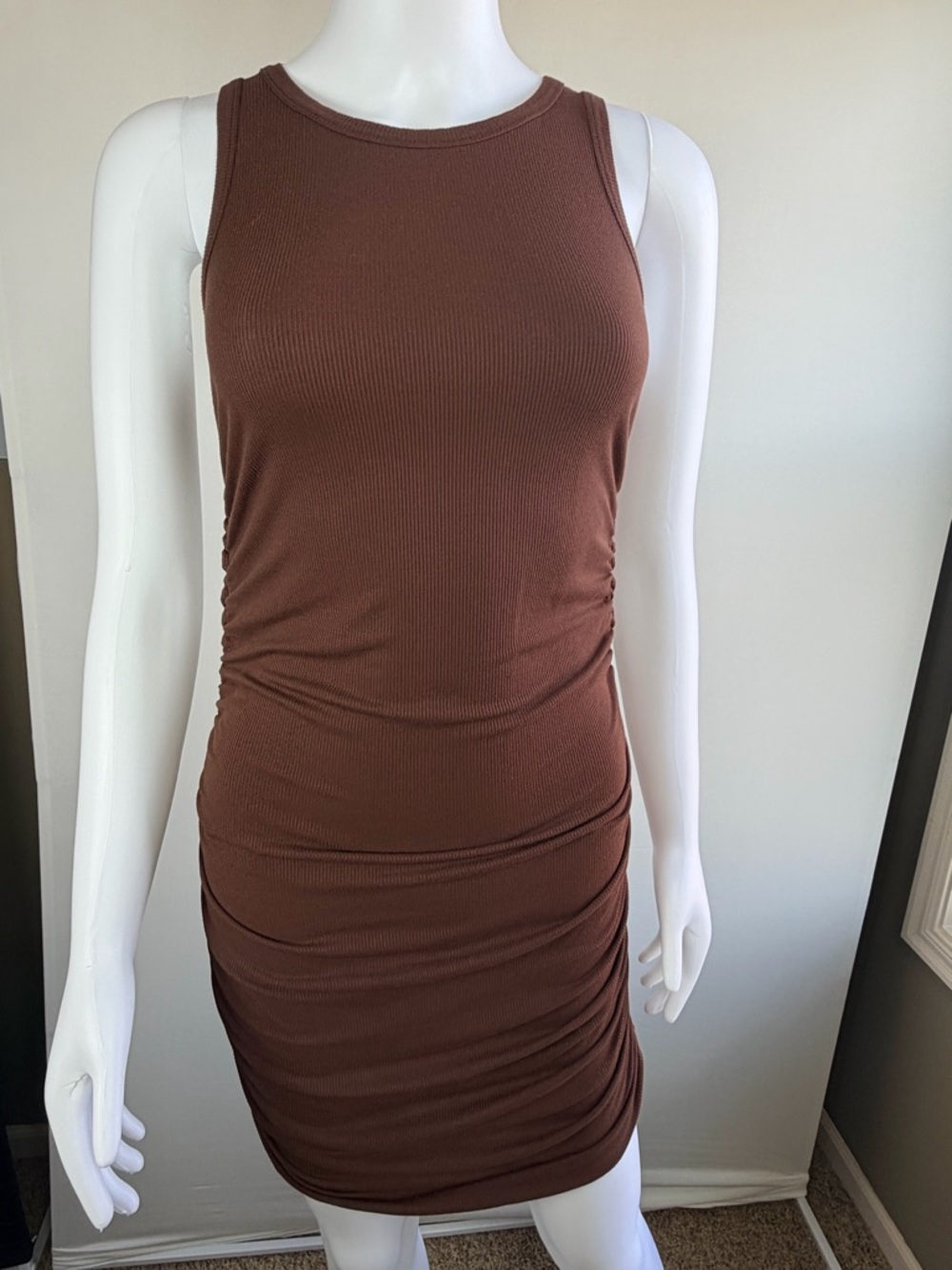 Brown Ribbed Bodycon Mini Dress Ruched Stretch Tank Fitted Casual Soft Mocha